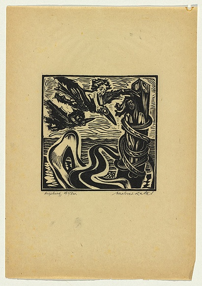 Artist: b'Ratas, Vaclovas.' | Title: b'Tied to the stake' | Date: 1948 | Technique: b'woodcut, printed in black ink, from one block' Artist: b'Ratas, Vaclovas.' | Title: b'Tied to the stake' | Date: 1948 | Technique: b'woodcut, printed in black ink, from one block'