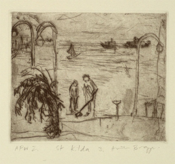 Artist: b'Bragge, Anita.' | Title: b'St Kilda 3.' | Date: 1999, March | Technique: b'drypoint, printed in black ink, from one plate' Artist: b'Bragge, Anita.' | Title: b'St Kilda 3.' | Date: 1999, March | Technique: b'drypoint, printed in black ink, from one plate'