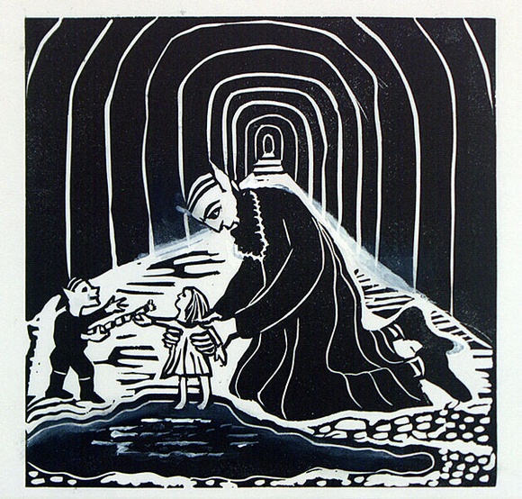 Artist: b'Allen, Joyce.' | Title: b'(Pai Korri pulls Winnie from the pond) (Illustration 5).' | Date: 1987 | Technique: b'linocut, printed in black ink, from one block; additions in brush and gouache' Artist: b'Allen, Joyce.' | Title: b'(Pai Korri pulls Winnie from the pond) (Illustration 5).' | Date: 1987 | Technique: b'linocut, printed in black ink, from one block; additions in brush and gouache'