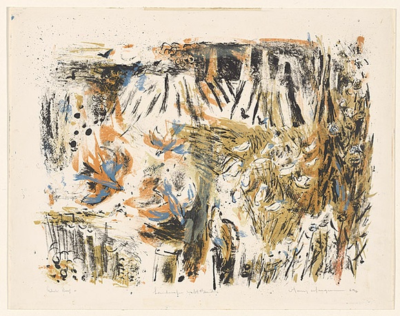 Artist: b'MACQUEEN, Mary' | Title: b'Landscape with birds' | Date: 1963 | Technique: b'lithograph, printed in colour, from multiple plates' | Copyright: b'Courtesy Paulette Calhoun, for the estate of Mary Macqueen' Artist: b'MACQUEEN, Mary' | Title: b'Landscape with birds' | Date: 1963 | Technique: b'lithograph, printed in colour, from multiple plates' | Copyright: b'Courtesy Paulette Calhoun, for the estate of Mary Macqueen'