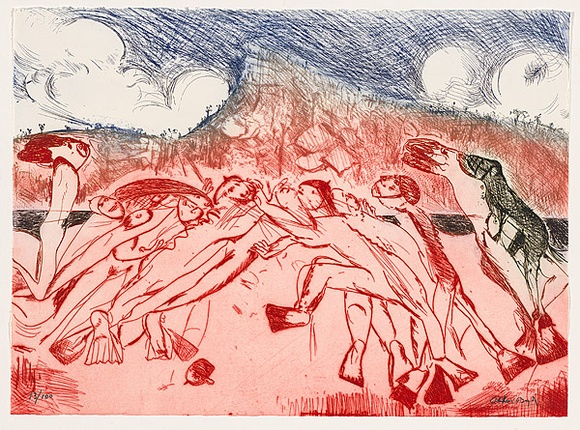 Artist: b'BOYD, Arthur' | Title: b'Shoalhaven bathers' | Date: 1987 | Technique: b'etching, printed in colour a la poup\xc3\xa9e, from one plate' | Copyright: b'This work appears on screen courtesy of Bundanon Trust' Artist: b'BOYD, Arthur' | Title: b'Shoalhaven bathers' | Date: 1987 | Technique: b'etching, printed in colour a la poup\xc3\xa9e, from one plate' | Copyright: b'This work appears on screen courtesy of Bundanon Trust'