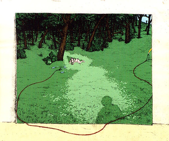 Artist: b'Latimer, Bruce.' | Title: b'Minding your own business' | Date: 1974 | Technique: b'screenprint, printed in colour, from four stencils' | Copyright: b'\xc2\xa9 Bruce Latimer' Artist: b'Latimer, Bruce.' | Title: b'Minding your own business' | Date: 1974 | Technique: b'screenprint, printed in colour, from four stencils' | Copyright: b'\xc2\xa9 Bruce Latimer'
