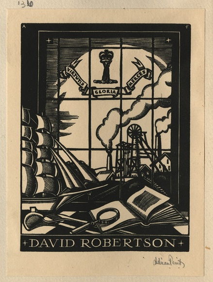 Artist: b'FEINT, Adrian' | Title: b'Bookplate: David Robertson.' | Date: (1934) | Technique: b'wood-engraving, printed in black ink, from one block' | Copyright: b'Courtesy the Estate of Adrian Feint' Artist: b'FEINT, Adrian' | Title: b'Bookplate: David Robertson.' | Date: (1934) | Technique: b'wood-engraving, printed in black ink, from one block' | Copyright: b'Courtesy the Estate of Adrian Feint'