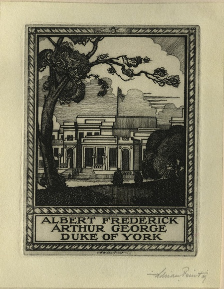 Artist: b'FEINT, Adrian' | Title: b'Bookplate: Albert Frederick Arthur George Duke of York.' | Date: 1927 | Technique: b'etching, printed in black ink, from one plate' | Copyright: b'Courtesy the Estate of Adrian Feint' Artist: b'FEINT, Adrian' | Title: b'Bookplate: Albert Frederick Arthur George Duke of York.' | Date: 1927 | Technique: b'etching, printed in black ink, from one plate' | Copyright: b'Courtesy the Estate of Adrian Feint'