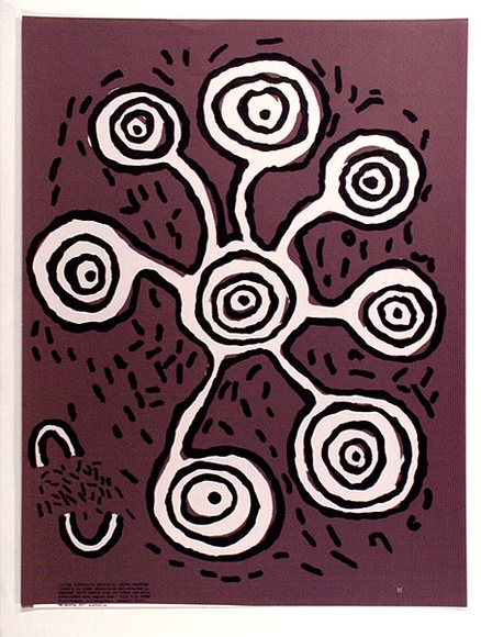 Title: b'Central Australian Aboriginal ground painting..' | Date: c.1970 | Technique: b'screenprint, printed in colour, from two stencils' Title: b'Central Australian Aboriginal ground painting..' | Date: c.1970 | Technique: b'screenprint, printed in colour, from two stencils'