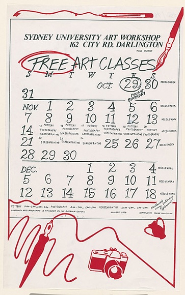 Artist: b'EARTHWORKS POSTER COLLECTIVE' | Title: b'Sydney University Art Workshop...Free art classes' | Date: 1976 | Technique: b'screenprint, printed in colour, from two stencils' | Copyright: b'\xc2\xa9 Marie McMahon. Licensed by VISCOPY, Australia' Artist: b'EARTHWORKS POSTER COLLECTIVE' | Title: b'Sydney University Art Workshop...Free art classes' | Date: 1976 | Technique: b'screenprint, printed in colour, from two stencils' | Copyright: b'\xc2\xa9 Marie McMahon. Licensed by VISCOPY, Australia'
