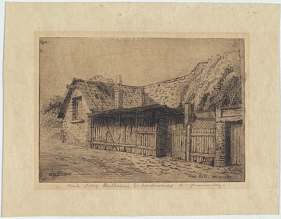 Artist: b'Johnson, Elliot.' | Title: b'Pink Alley, Melbourne' | Date: c.1920 | Technique: b'etching, printed in brown ink, from one plate' Artist: b'Johnson, Elliot.' | Title: b'Pink Alley, Melbourne' | Date: c.1920 | Technique: b'etching, printed in brown ink, from one plate'