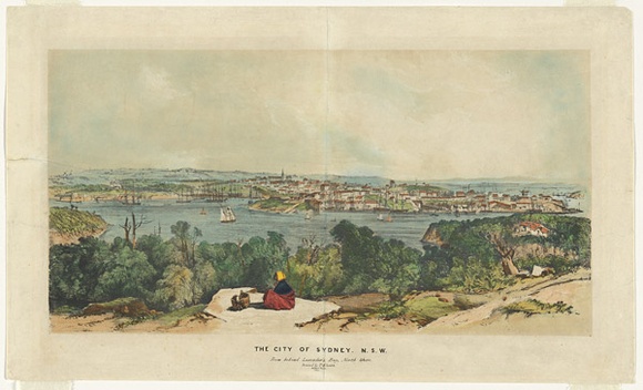 Artist: b'PROUT, John Skinner' | Title: bThe city of Sydney, N.S.W. from behind Lavender's Bay, North Shore. | Date: 1844 | Technique: b'lithograph, printed in colour, from two stones; additional hand-colouring' Artist: b'PROUT, John Skinner' | Title: bThe city of Sydney, N.S.W. from behind Lavender's Bay, North Shore. | Date: 1844 | Technique: b'lithograph, printed in colour, from two stones; additional hand-colouring'