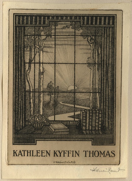 Artist: b'FEINT, Adrian' | Title: b'Bookplate: Kathleen Kyffin Thomas.' | Date: (1926) | Technique: b'etching, printed in brown ink with plate-tone, from one plate' | Copyright: b'Courtesy the Estate of Adrian Feint' Artist: b'FEINT, Adrian' | Title: b'Bookplate: Kathleen Kyffin Thomas.' | Date: (1926) | Technique: b'etching, printed in brown ink with plate-tone, from one plate' | Copyright: b'Courtesy the Estate of Adrian Feint'