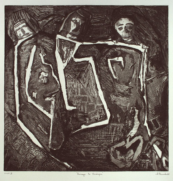 Artist: b'Edwards, Annette.' | Title: b'Homage to handspan' | Date: 1985 | Technique: b'etching and aquatint, printed in black ink, from one plate' Artist: b'Edwards, Annette.' | Title: b'Homage to handspan' | Date: 1985 | Technique: b'etching and aquatint, printed in black ink, from one plate'