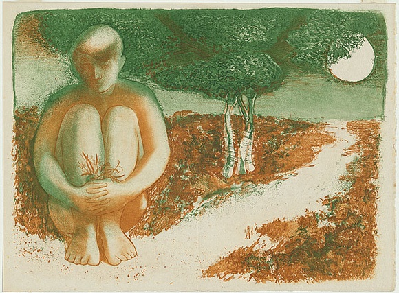 Artist: b'Strachan, David.' | Title: b'The Idiot.' | Date: c.1951 | Technique: b'etching and aquatint, printed in colour, from multiple plates' Artist: b'Strachan, David.' | Title: b'The Idiot.' | Date: c.1951 | Technique: b'etching and aquatint, printed in colour, from multiple plates'