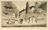 Artist: LINDSAY, Lionel | Title: Old Education Department from the Lands Office | Date: 1936 | Technique: etching and drypoint, printed in brown ink with plate-tone, from one plate | Copyright: Courtesy of the National Library of Australia