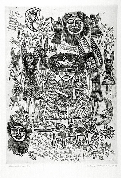 Artist: b'HANRAHAN, Barbara' | Title: b'Sun and moon' | Date: 1989 | Technique: b'etching, printed in black ink with plate-tone, from one plate' Artist: b'HANRAHAN, Barbara' | Title: b'Sun and moon' | Date: 1989 | Technique: b'etching, printed in black ink with plate-tone, from one plate'