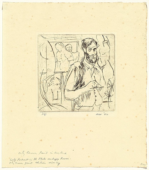Artist: b'WALKER, Murray' | Title: b'Self portrait in the Slade antique room' | Date: 1962 | Technique: b'drypoint, printed in black ink, from one plate' Artist: b'WALKER, Murray' | Title: b'Self portrait in the Slade antique room' | Date: 1962 | Technique: b'drypoint, printed in black ink, from one plate'