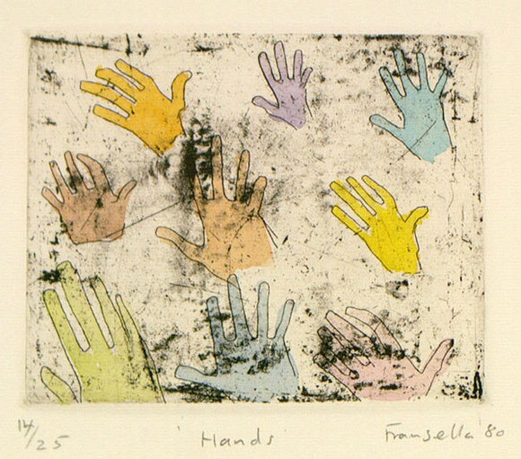 Artist: b'Fransella, Graham.' | Title: b'Hands.' | Date: 1980 | Technique: b'etching, printed in black ink, from one plate; hand-coloured' | Copyright: b'Courtesy of the artist' Artist: b'Fransella, Graham.' | Title: b'Hands.' | Date: 1980 | Technique: b'etching, printed in black ink, from one plate; hand-coloured' | Copyright: b'Courtesy of the artist'