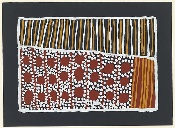 Artist: b'WARLAPINNI, Freda' | Title: b'Row of alternative white and yeloow ochre stripes at top - bottom row of red circles surrounded by white dots' | Date: 1998, 20 August | Technique: b'screenprint, printed in colout, from multiple stencils' Artist: b'WARLAPINNI, Freda' | Title: b'Row of alternative white and yeloow ochre stripes at top - bottom row of red circles surrounded by white dots' | Date: 1998, 20 August | Technique: b'screenprint, printed in colout, from multiple stencils'