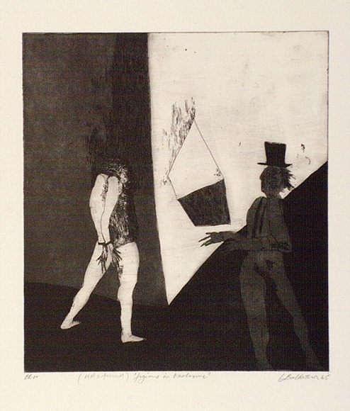 Artist: b'BALDESSIN, George' | Title: bMM and friend 'figures in enclosure'. | Date: 1965 | Technique: b'etching and aquatint, printed in black ink, from one plate' Artist: b'BALDESSIN, George' | Title: bMM and friend 'figures in enclosure'. | Date: 1965 | Technique: b'etching and aquatint, printed in black ink, from one plate'