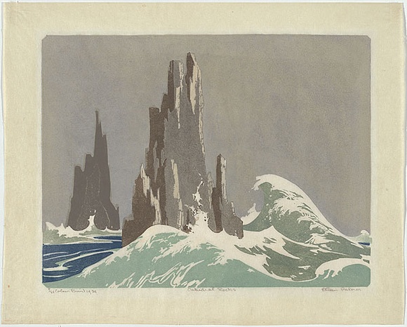 Artist: b'Palmer, Ethleen.' | Title: b'Cathedral rocks.' | Date: 1939 | Technique: b'linocut, printed in colour, from multiple blocks' Artist: b'Palmer, Ethleen.' | Title: b'Cathedral rocks.' | Date: 1939 | Technique: b'linocut, printed in colour, from multiple blocks'