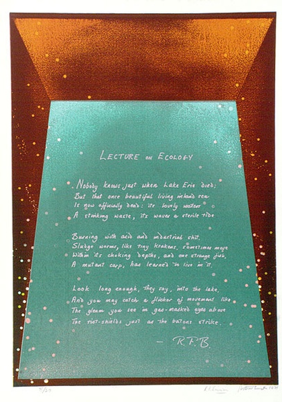 Artist: b'WICKS, Arthur' | Title: b'Lecture on ecology' | Date: 1971 | Technique: b'screenprint, printed in colour, from multiple stencil' Artist: b'WICKS, Arthur' | Title: b'Lecture on ecology' | Date: 1971 | Technique: b'screenprint, printed in colour, from multiple stencil'