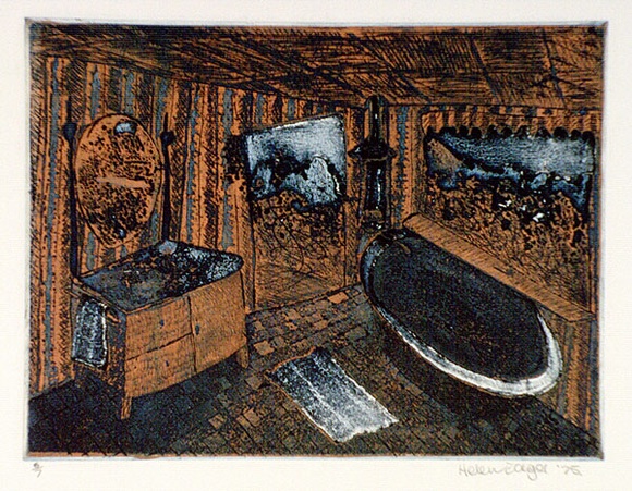 Artist: b'Eager, Helen.' | Title: b'Blue bath [colour varient].' | Date: 1975 | Technique: b'etching, printed in colour in relief and intaglio'