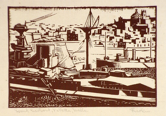 Artist: b'Hawkins, Weaver.' | Title: b'Grand harbour, Valletta, Malta' | Date: c.1928 | Technique: b'wood-engraving, printed in brown ink, from one block' | Copyright: b'The Estate of H.F Weaver Hawkins' Artist: b'Hawkins, Weaver.' | Title: b'Grand harbour, Valletta, Malta' | Date: c.1928 | Technique: b'wood-engraving, printed in brown ink, from one block' | Copyright: b'The Estate of H.F Weaver Hawkins'