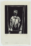 Artist: b'AMOR, Rick' | Title: b'[man with gun]' | Date: 1984 | Technique: b'linocut, printed in black ink, from one block' | Copyright: b'\xc2\xa9 Rick Amor. Licensed by VISCOPY, Australia.'
