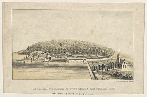Artist: b'Hext, Captain Charles.' | Title: bThe penal settlement of Port Arthur, Van Diemen's Land | Date: 1848 | Technique: b'lithograph, printed in colour, from multiple stones'