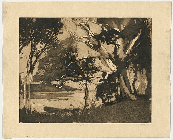 Artist: b'Long, Sydney.' | Title: b'The lagoon' | Date: 1928 | Technique: b'aquatint and drypoint, printed in dark brown ink with plate-tone, from one copper plate' | Copyright: b'Reproduced with the kind permission of the Ophthalmic Research Institute of Australia'