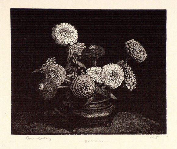 Artist: b'LINDSAY, Lionel' | Title: b'Zinnias' | Date: 1924 | Technique: b'wood-engraving, printed in black ink, from one block' | Copyright: b'Courtesy of the National Library of Australia' Artist: b'LINDSAY, Lionel' | Title: b'Zinnias' | Date: 1924 | Technique: b'wood-engraving, printed in black ink, from one block' | Copyright: b'Courtesy of the National Library of Australia'