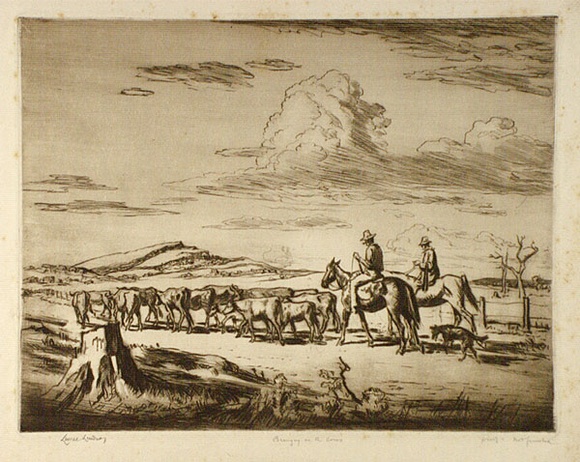 Artist: b'LINDSAY, Lionel' | Title: b'Bringing in the cows' | Date: c.1935 | Technique: b'drypoint, printed in brown ink with plate-tone with wiped highlights, from one plate' | Copyright: b'Courtesy of the National Library of Australia' Artist: b'LINDSAY, Lionel' | Title: b'Bringing in the cows' | Date: c.1935 | Technique: b'drypoint, printed in brown ink with plate-tone with wiped highlights, from one plate' | Copyright: b'Courtesy of the National Library of Australia'