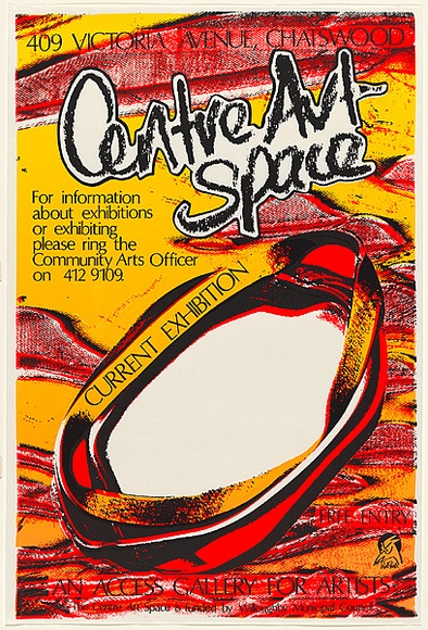 Artist: b'Wolf Prints.' | Title: b'Centre Art Space...An access gallery for artists.' | Date: 1988 | Technique: b'screenprint, printed in colour, from three stencils' Artist: b'Wolf Prints.' | Title: b'Centre Art Space...An access gallery for artists.' | Date: 1988 | Technique: b'screenprint, printed in colour, from three stencils'