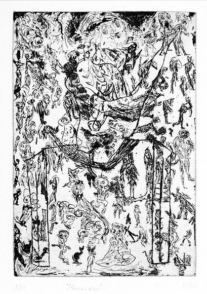 Artist: b'Shearer, Mitzi.' | Title: b'Illusion' | Date: 1981 | Technique: b'etching and aquatint, printed in black ink, from one plate' Artist: b'Shearer, Mitzi.' | Title: b'Illusion' | Date: 1981 | Technique: b'etching and aquatint, printed in black ink, from one plate'