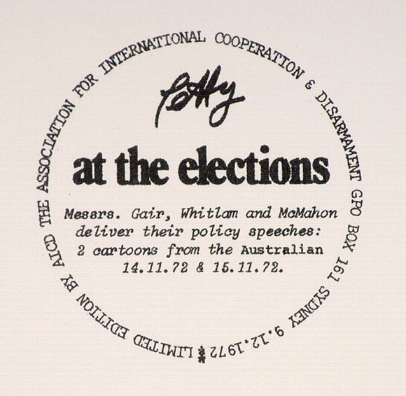 Artist: b'Petty, Bruce.' | Title: b'Petty at the election. Association for International Cooperation & Disarmament.' | Date: 1972 Artist: b'Petty, Bruce.' | Title: b'Petty at the election. Association for International Cooperation & Disarmament.' | Date: 1972