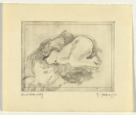 Artist: b'SELLBACH, Udo' | Title: b'(Crouching body)' | Date: (1965) | Technique: b'etching with burnishing printed in black ink, from one plate' Artist: b'SELLBACH, Udo' | Title: b'(Crouching body)' | Date: (1965) | Technique: b'etching with burnishing printed in black ink, from one plate'