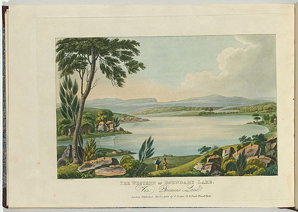 Artist: b'Lycett, Joseph.' | Title: bThe Western or Boundary Lake, Van Diemen's Land. | Date: 1824 | Technique: b'etching and aquatint, printed in black ink, from one copper plate; hand-coloured'
