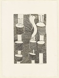 Artist: Farmer, Glen. | Title: Seagull (Glen's totem) and Pukmani poles | Date: 1998, July | Technique: etching and sugar-lift aquatint, printed in brown ink, from one zinc plate