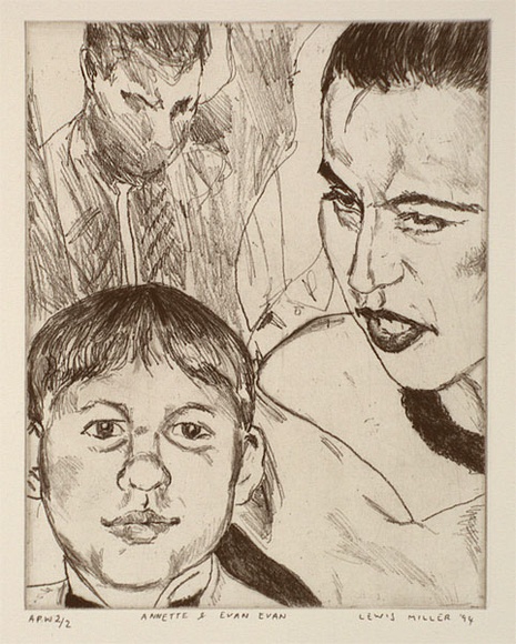 Artist: b'Miller, Lewis.' | Title: b'Annette and Evan Evan' | Date: 1994 | Technique: b'etching, drypoint and roulette, printed in black ink, from one plate' | Copyright: b'\xc2\xa9 Lewis Miller. Licensed by VISCOPY, Australia' Artist: b'Miller, Lewis.' | Title: b'Annette and Evan Evan' | Date: 1994 | Technique: b'etching, drypoint and roulette, printed in black ink, from one plate' | Copyright: b'\xc2\xa9 Lewis Miller. Licensed by VISCOPY, Australia'