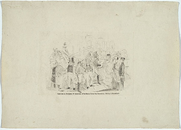 Artist: b'Thomson,' | Title: b'Sketch in Bourke Street, arrival of the mails from the diggings.' | Date: c.1855 | Technique: b'etching, printed in black ink, from one copper plate' Artist: b'Thomson,' | Title: b'Sketch in Bourke Street, arrival of the mails from the diggings.' | Date: c.1855 | Technique: b'etching, printed in black ink, from one copper plate'