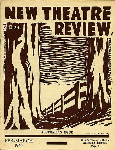 Title: b'New theatre review: Feb-March 1944' | Date: January 1944 | Technique: b'linocut, printed in red brown ink, from one block; letterpress text' Title: b'New theatre review: Feb-March 1944' | Date: January 1944 | Technique: b'linocut, printed in red brown ink, from one block; letterpress text'