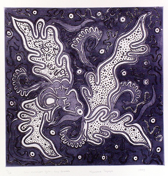 Artist: b'TAPAYA, Nyuwara' | Title: b'Liru Kulunypa Tjuta, tiny snakes' | Date: 1993 | Technique: b'etching and aquatint, printed in colour, from one plate' Artist: b'TAPAYA, Nyuwara' | Title: b'Liru Kulunypa Tjuta, tiny snakes' | Date: 1993 | Technique: b'etching and aquatint, printed in colour, from one plate'