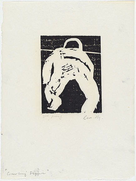Artist: b'MADDOCK, Bea' | Title: b'Crawling figure' | Date: July 1964 | Technique: b'woodcut, printed in black ink by hand-burnishing, from one pine block' Artist: b'MADDOCK, Bea' | Title: b'Crawling figure' | Date: July 1964 | Technique: b'woodcut, printed in black ink by hand-burnishing, from one pine block'