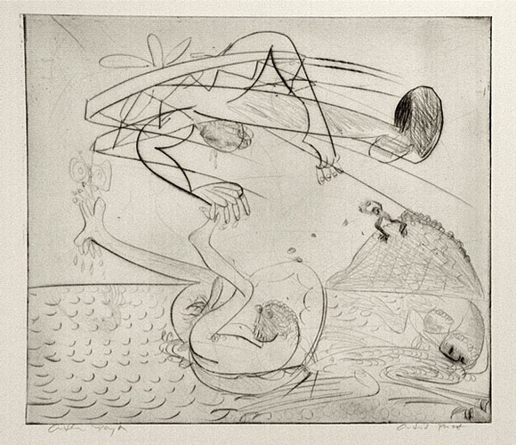 Artist: b'BOYD, Arthur' | Title: b'Bert Hinkler and Polyphemus.' | Date: (1968-69) | Technique: b'drypoint, printed in black ink, from one plate' | Copyright: b'Reproduced with permission of Bundanon Trust' Artist: b'BOYD, Arthur' | Title: b'Bert Hinkler and Polyphemus.' | Date: (1968-69) | Technique: b'drypoint, printed in black ink, from one plate' | Copyright: b'Reproduced with permission of Bundanon Trust'