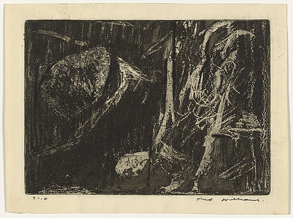Artist: b'WILLIAMS, Fred' | Title: b'Rocks and bush, Mittagong' | Date: 1958 | Technique: b'flat biting over lithographic crayon, aquatint, engraving and drypoint, printed in black ink, from one copper plate' | Copyright: b'\xc2\xa9 Fred Williams Estate' Artist: b'WILLIAMS, Fred' | Title: b'Rocks and bush, Mittagong' | Date: 1958 | Technique: b'flat biting over lithographic crayon, aquatint, engraving and drypoint, printed in black ink, from one copper plate' | Copyright: b'\xc2\xa9 Fred Williams Estate'