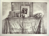 Artist: Scurry, John. | Title: not titled [still life with orange and cup on table] | Date: 1986, September | Technique: lithograph, printed in black ink, from one stone