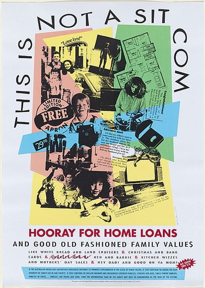 Artist: b'Stannard, Chris.' | Title: b'This is not a sitcom' | Date: 1994 | Technique: b'screenprint, printed in colour, from six stencils' Artist: b'Stannard, Chris.' | Title: b'This is not a sitcom' | Date: 1994 | Technique: b'screenprint, printed in colour, from six stencils'