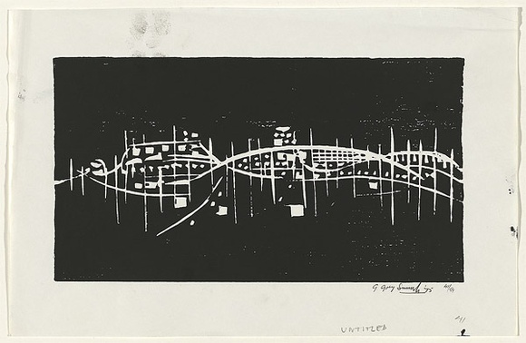 Artist: b'Grey-Smith, Guy' | Title: b'Towards Wiluna' | Date: 1975 | Technique: b'woodcut, printed in black ink, from one block' Artist: b'Grey-Smith, Guy' | Title: b'Towards Wiluna' | Date: 1975 | Technique: b'woodcut, printed in black ink, from one block'