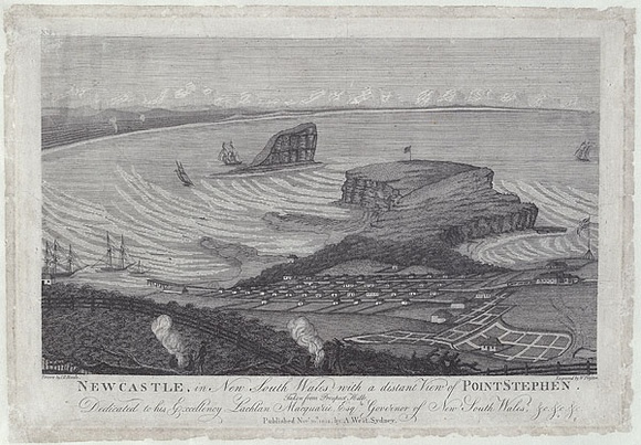 Title: b'Newcastle in New South Wales with a distant view of Point Stephen. Taken from Prospect Hill.' | Date: 1812 | Technique: b'engraving, printed in black ink, from one copper plate' Title: b'Newcastle in New South Wales with a distant view of Point Stephen. Taken from Prospect Hill.' | Date: 1812 | Technique: b'engraving, printed in black ink, from one copper plate'