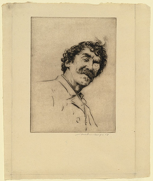 Artist: b'Menpes, Mortimer.' | Title: b'Head of Whistler - head tilted with monocle.' | Date: c.1895 | Technique: b'drypoint, printed in black ink, from one plate' Artist: b'Menpes, Mortimer.' | Title: b'Head of Whistler - head tilted with monocle.' | Date: c.1895 | Technique: b'drypoint, printed in black ink, from one plate'