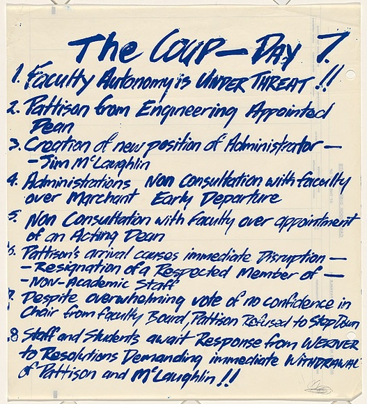 Artist: b'Hanley, Nicky.' | Title: b'The coup - day seven.' | Date: 1979 | Technique: b'screenprint, printed in blue ink, from one stencil' Artist: b'Hanley, Nicky.' | Title: b'The coup - day seven.' | Date: 1979 | Technique: b'screenprint, printed in blue ink, from one stencil'