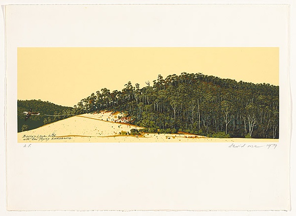 Artist: b'Rose, David.' | Title: bBerry's lane hill with low flying kookaburra | Date: 1979 | Technique: b'screenprint, printed in colour, from multiple stencils' Artist: b'Rose, David.' | Title: bBerry's lane hill with low flying kookaburra | Date: 1979 | Technique: b'screenprint, printed in colour, from multiple stencils'